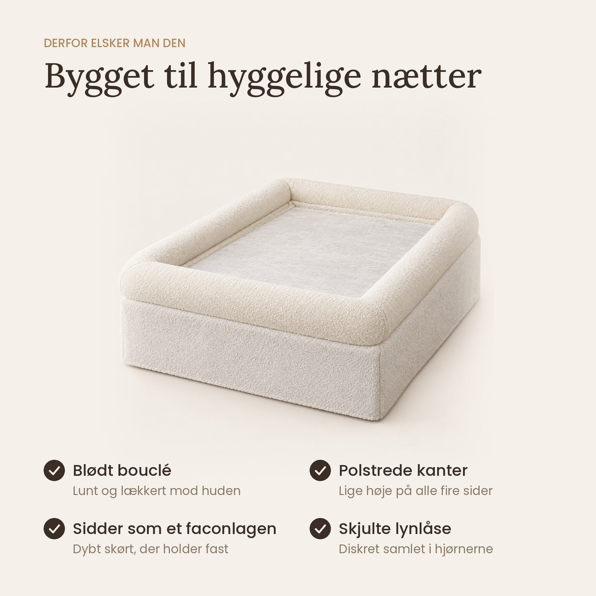 Fordele ved Nord CloudCover™: blød bouclé, polstrede kanter, sidder som et faconlagen, skjulte lynlåse