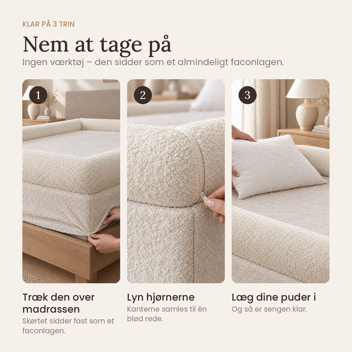Sådan tager du Nord CloudCover™ på i 3 trin: træk over madrassen, lyn hjørnerne, læg puderne i