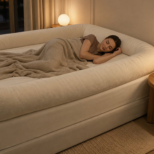 Kvinde sover i en seng med Nord Rede og bløde kanter hele vejen rundt